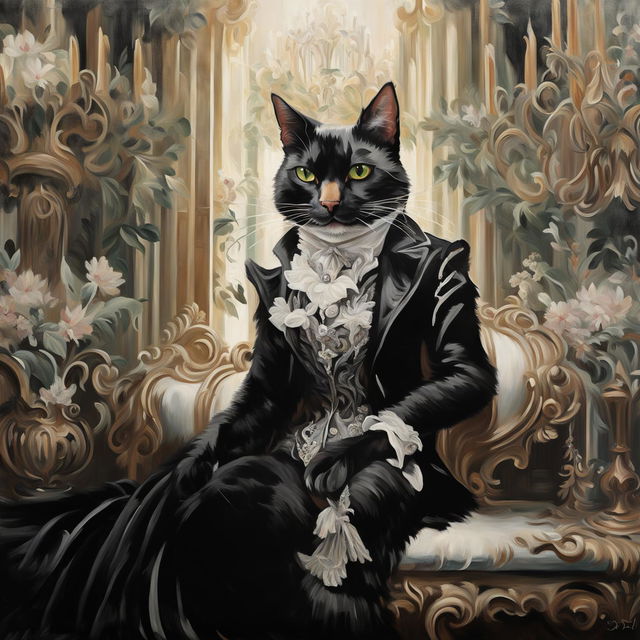 Rococo-style painting featuring a black and white tuxedo cat in an ornate interior.