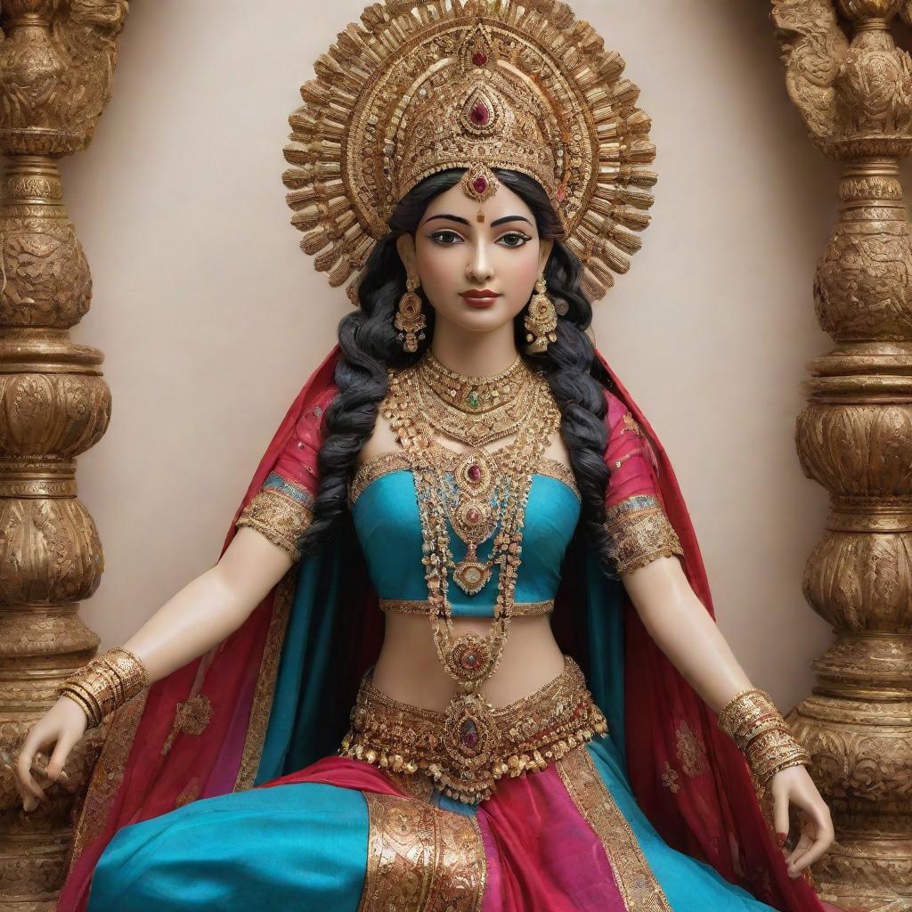 An intricate statue of an Indian goddess, adorned with ornate jewelry and draped in vibrant silks.