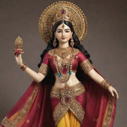 An intricate statue of an Indian goddess, adorned with ornate jewelry and draped in vibrant silks.