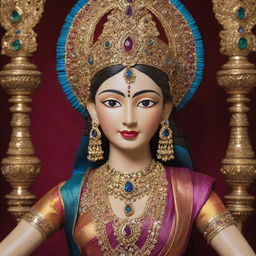 An intricate statue of an Indian goddess, adorned with ornate jewelry and draped in vibrant silks.