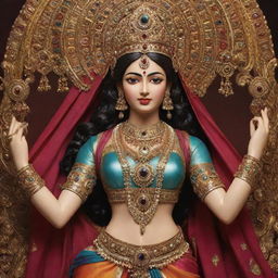 An intricate statue of an Indian goddess, adorned with ornate jewelry and draped in vibrant silks.