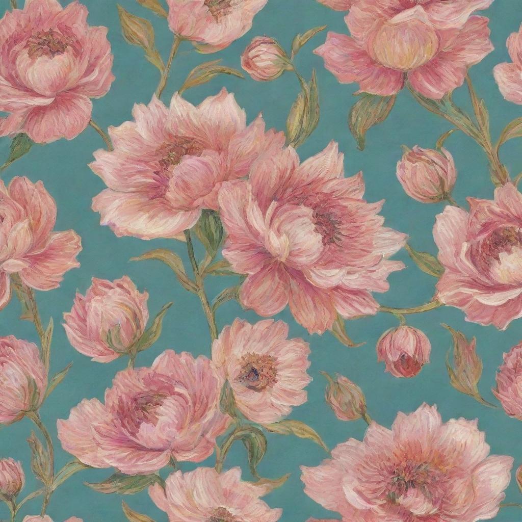 A floral pattern imbued with the artistic style of Vincent van Gogh, predominantly in pink hues.