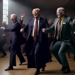 Incorporate a whimsical representation of Lord Voldemort, losing his usual seriousness and joining the jolly dance with Donald Trump and Joe Biden to the rhythm of YMCA.