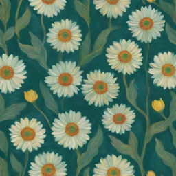 Generate a floral pattern inspired by the distinctive brushwork and color palette of Vincent van Gogh, predominantly in hues of green.