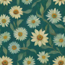 Generate a floral pattern inspired by the distinctive brushwork and color palette of Vincent van Gogh, predominantly in hues of green.