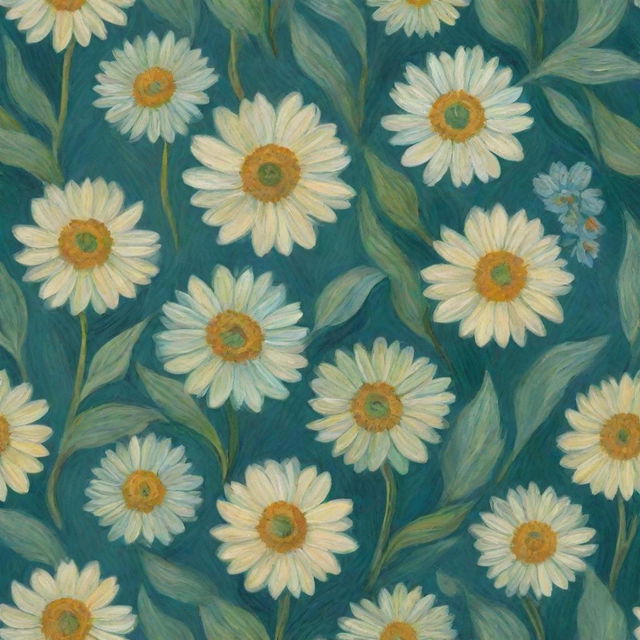 Generate a floral pattern inspired by the distinctive brushwork and color palette of Vincent van Gogh, predominantly in hues of green.