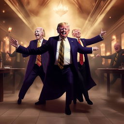 Incorporate a whimsical representation of Lord Voldemort, losing his usual seriousness and joining the jolly dance with Donald Trump and Joe Biden to the rhythm of YMCA.