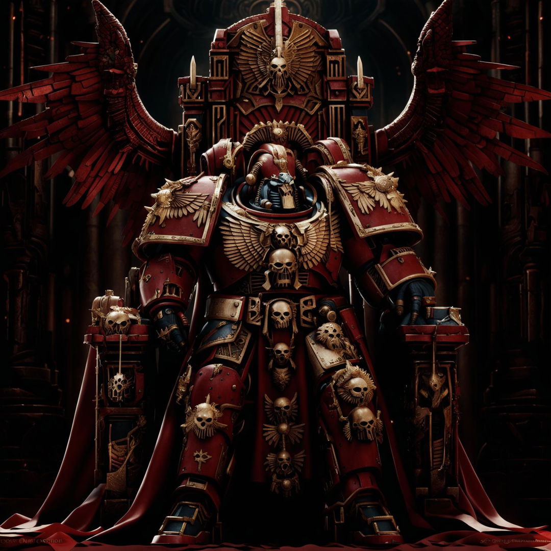 A regal Warhammer 40k commander in crimson and gold armor, holding a power staff, stands beside an imposing throne that radiates ancient might.