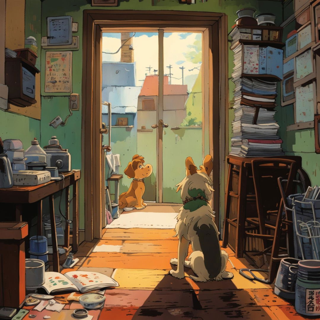 A Studio Ghibli-style artwork depicting a cluttered apartment filled with books, mugs, and papers, with a loyal dog waiting by the door.