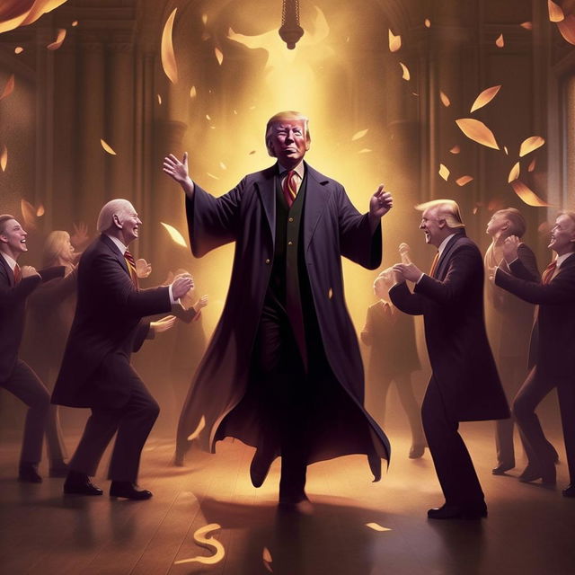 Incorporate a whimsical representation of Lord Voldemort, losing his usual seriousness and joining the jolly dance with Donald Trump and Joe Biden to the rhythm of YMCA.