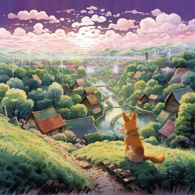 A Studio Ghibli style Shiba Inu sitting on a grassy hill overlooking a quaint village at twilight.