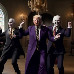 Incorporate a whimsical representation of Lord Voldemort, losing his usual seriousness and joining the jolly dance with Donald Trump and Joe Biden to the rhythm of YMCA.