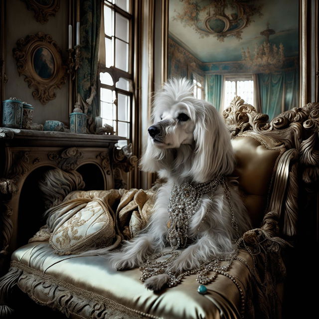 A regal Afghan Hound styled in Rococo fashion sits in an opulent room filled with gilded mirrors, ornate chandeliers, and pastel frescoes.