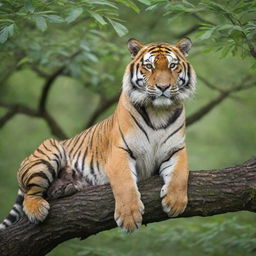 A majestic tiger carefully balanced atop a sturdy tree, its golden fur and black stripes vibrating with life against the vibrant green leaves.