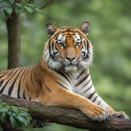 A majestic tiger carefully balanced atop a sturdy tree, its golden fur and black stripes vibrating with life against the vibrant green leaves.