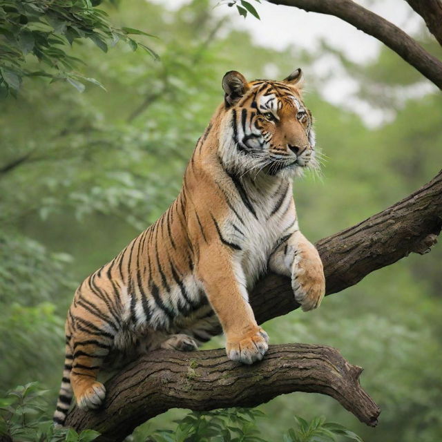 A majestic tiger carefully balanced atop a sturdy tree, its golden fur and black stripes vibrating with life against the vibrant green leaves.