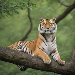 A majestic tiger carefully balanced atop a sturdy tree, its golden fur and black stripes vibrating with life against the vibrant green leaves.