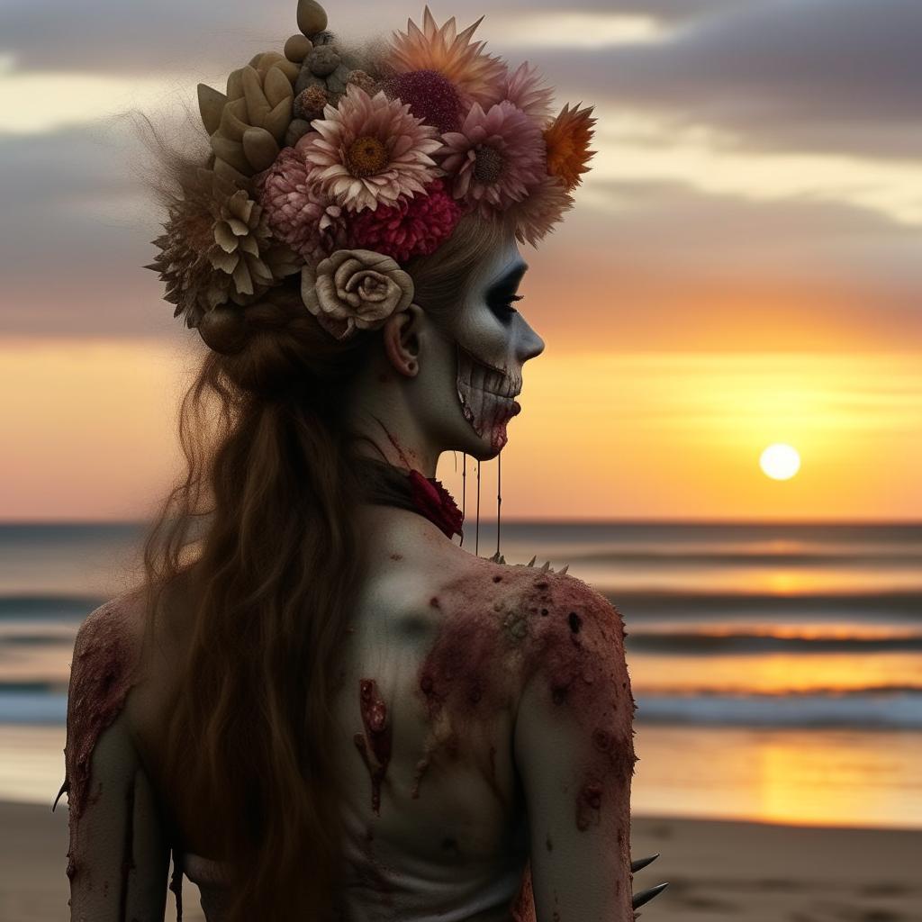 A hyper-realistic rear view of a zombie, adorned with a flower headpiece, silently observing a breathtaking sunset over a serenely tranquil beach.