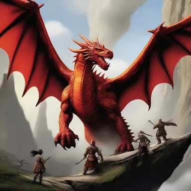 In the epic journey, the group of adventurers wind up facing the fearsome dragon in its lair.