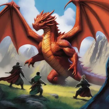 In the epic journey, the group of adventurers wind up facing the fearsome dragon in its lair.