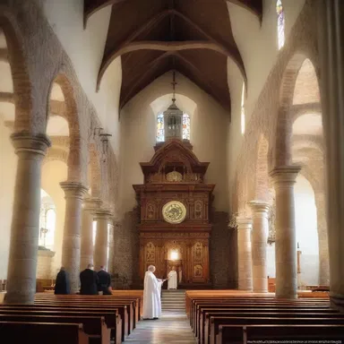 During the religious ceremony, the priest winded up the clock in the church tower to ensure the bell would ring at the correct time.