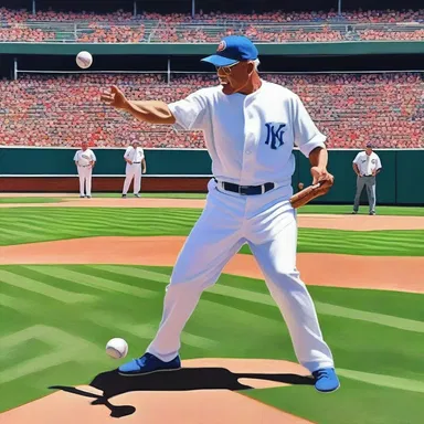 The artist demonstrated how to wind up before throwing the first pitch in a baseball painting.