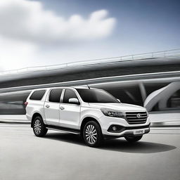 A high-quality digital art image showcasing two vehicles: a pearl white Foton Gratour ix5 and a matching pearl white Foton Tunland