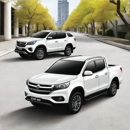 A high-quality digital art image showcasing two vehicles: a pearl white Foton Gratour ix5 and a matching pearl white Foton Tunland