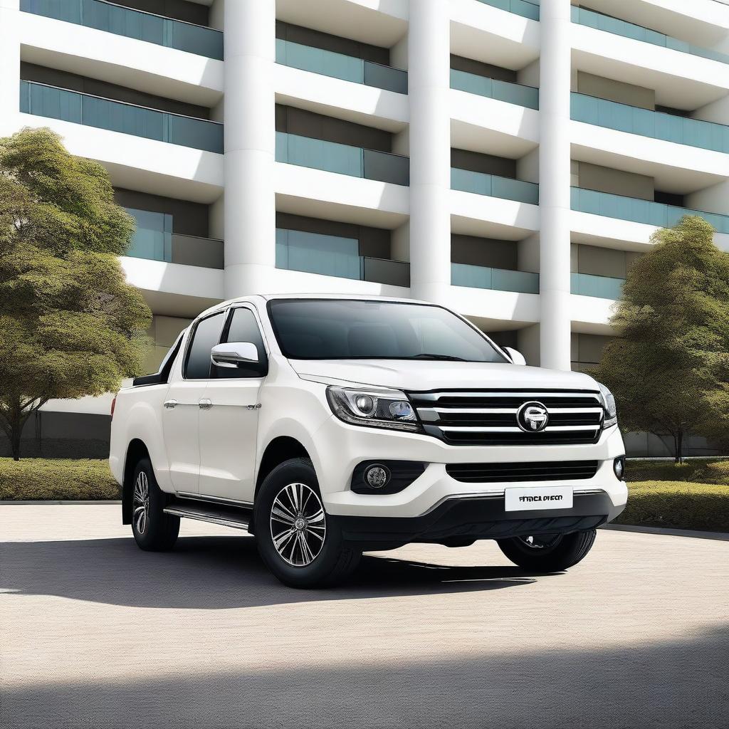 A high-quality digital art image showcasing two vehicles: a pearl white Foton Gratour ix5 and a matching pearl white Foton Tunland