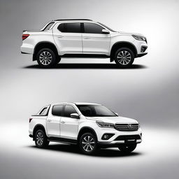 A high-quality digital art image showcasing two vehicles: a pearl white Foton Gratour ix5 and a matching pearl white Foton Tunland