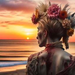 A hyper-realistic rear view of a zombie, adorned with a flower headpiece, silently observing a breathtaking sunset over a serenely tranquil beach.