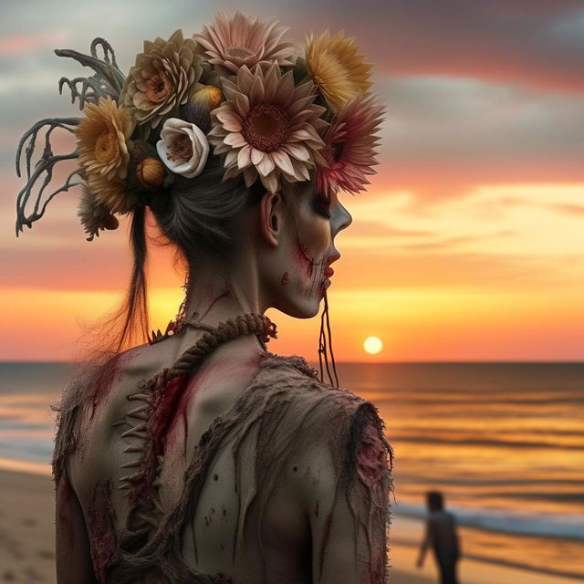 A hyper-realistic rear view of a zombie, adorned with a flower headpiece, silently observing a breathtaking sunset over a serenely tranquil beach.