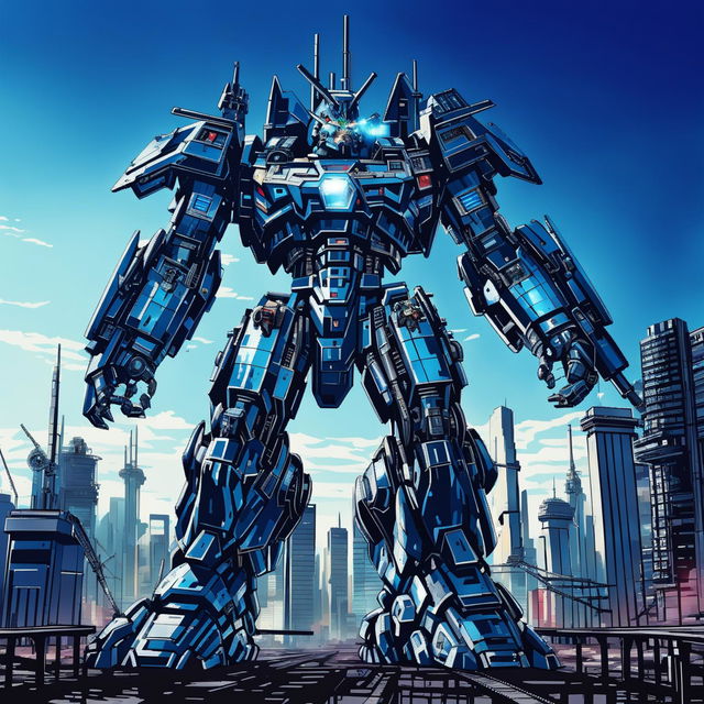 A colossal mecha stands tall in a cityscape, its metallic body gleaming under the sunlight. Its intricate design includes a glowing power core, massive arms equipped with weaponry, sturdy legs for stability, and a sleek head with piercing red eyes.