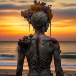 A hyper-realistic rear view of a zombie, adorned with a flower headpiece, silently observing a breathtaking sunset over a serenely tranquil beach.