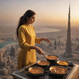 An imaginative depiction of a woman expertly cooking atop the Burj Khalifa, her cooking aromas wafting across the Dubai skyline. A golden sunset as her backdrop gives a dramatic tint to the scene.