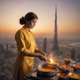 An imaginative depiction of a woman expertly cooking atop the Burj Khalifa, her cooking aromas wafting across the Dubai skyline. A golden sunset as her backdrop gives a dramatic tint to the scene.