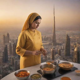 An imaginative depiction of a woman expertly cooking atop the Burj Khalifa, her cooking aromas wafting across the Dubai skyline. A golden sunset as her backdrop gives a dramatic tint to the scene.