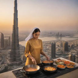 An imaginative depiction of a woman expertly cooking atop the Burj Khalifa, her cooking aromas wafting across the Dubai skyline. A golden sunset as her backdrop gives a dramatic tint to the scene.