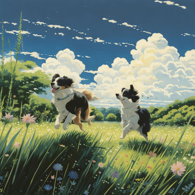 Studio Ghibli style artwork featuring two dogs, a golden retriever and a border collie, playing in a lush field under a clear blue sky.