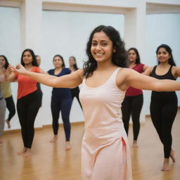 A spirited Parami Prarthana conducting a dynamic dance workshop in a well-lit studio, with enthusiastic participants following her movements.