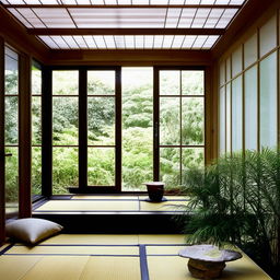 Serene conservatory featuring a minimalist Japandi interior with a balance of functionality, natural elements, and clean lines