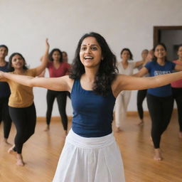 A spirited Parami Prarthana conducting a dynamic dance workshop in a well-lit studio, with enthusiastic participants following her movements.