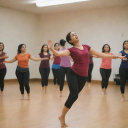 A spirited Parami Prarthana conducting a dynamic dance workshop in a well-lit studio, with enthusiastic participants following her movements.