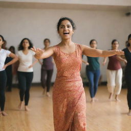 A spirited Parami Prarthana conducting a dynamic dance workshop in a well-lit studio, with enthusiastic participants following her movements.