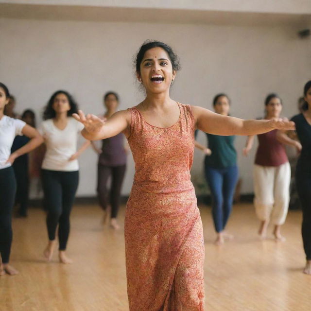 A spirited Parami Prarthana conducting a dynamic dance workshop in a well-lit studio, with enthusiastic participants following her movements.