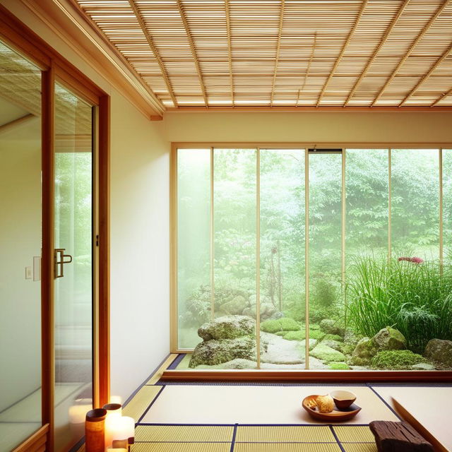 Serene conservatory featuring a minimalist Japandi interior with a balance of functionality, natural elements, and clean lines