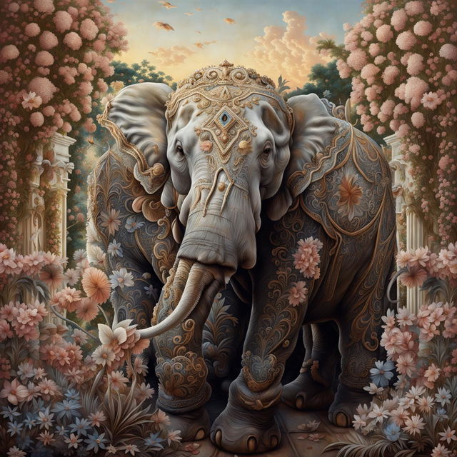 A Rococo styled elephant stands majestically in a lush garden under a soft blue sky at sunset. Its skin is adorned with intricate patterns and its tusks appear to be made of gilded gold.