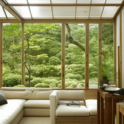 Serene conservatory featuring a minimalist Japandi interior with a balance of functionality, natural elements, and clean lines