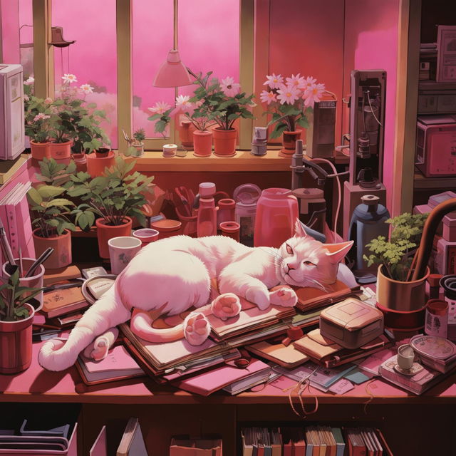 A cluttered apartment in Studio Ghibli style with a soft pink aesthetic and a sleeping cat.