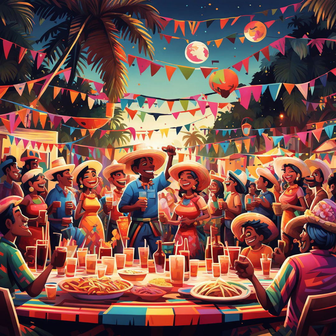 A detailed digital art piece depicting a lively Mexican-Caribbean fusion party outdoors at twilight with a limbo stick as the central focus. Party-goers are engaged in dancing, eating, and conversing, dressed in traditional attire. The scene is lit by moonlight and lanterns, with palm trees and papel picado banners in the background.